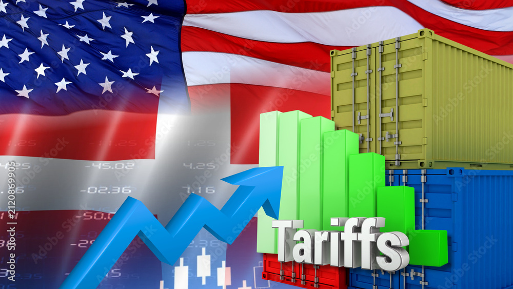 Naklejka premium American and Swiss flags, shipping containers, and financial charts illustrate American and Swiss tariffs, trade policy, economic relations, and increased tax sanctions.