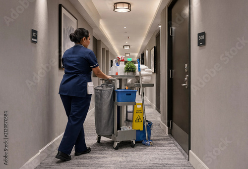 Maid pushes a cart down a hotel hallway