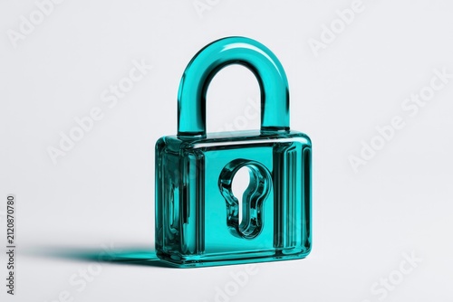 Transparent cyan padlock standing on clean white background in a macro shot with sharp focus for digital privacy and cybersecurity marketing