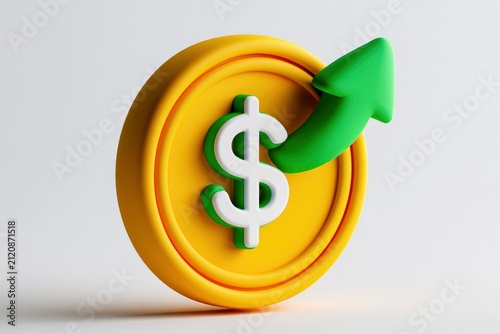 Gold dollar coin showing upward profit trend in minimalist studio setting with soft lighting for banking and wealth management advertising