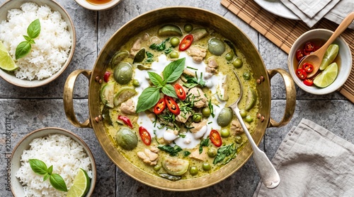 Fragrant, creamy, and mildly spicy Thai dish made with a base of green curry paste, rich coconut milk, tender meat or vegetables, and fresh herbs.