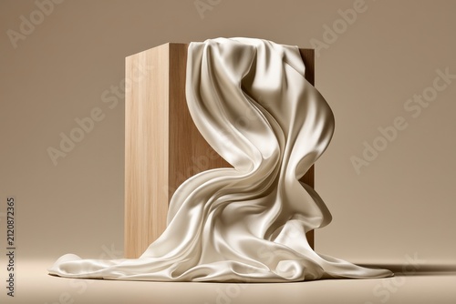 White silk fabric cascading over wooden block in minimalist studio with sharp focus for luxury cosmetic product branding