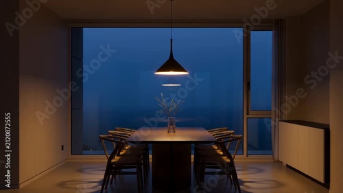 Modern dining room illuminated at dusk with a large window showcasing a blue skyline and subtle floral arrangement