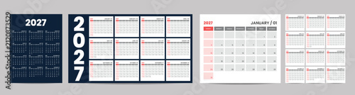 2027 Calendar. 12 Pages for 2027 Monthly Calendar Template and one page wall calendar template. Clean and Simple Design ready to print. 2027 Wall and office desk Planner Calendar.