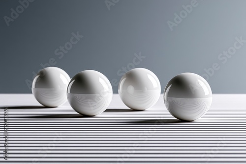 Geometric white balls on lined platform with high contrast lighting and sharp focus for corporate architecture and tech marketing