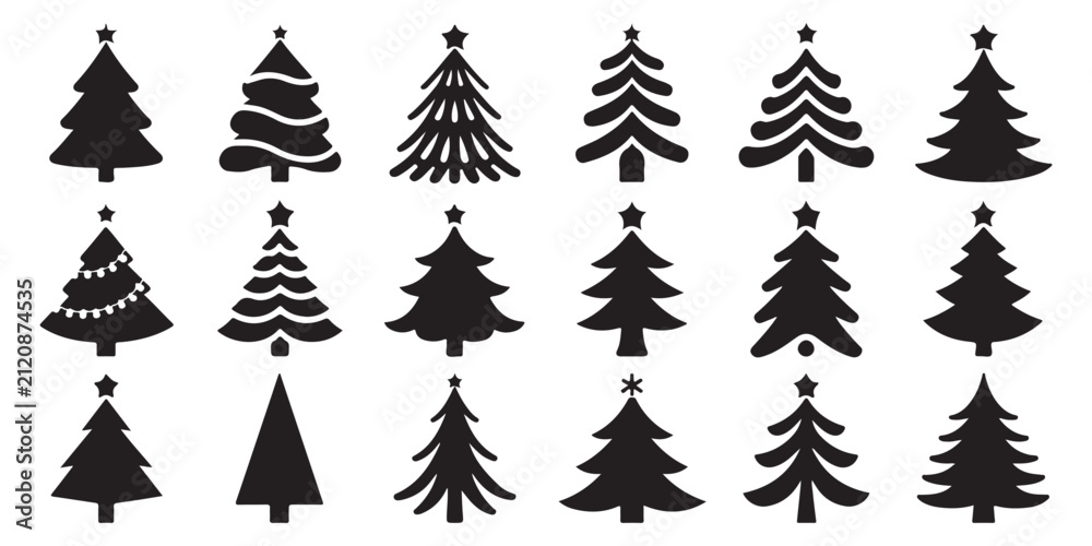 Fototapeta premium Set of 15 christmas tree silhouettes in various styles, vector illustration of evergreen pine trees with star on top.