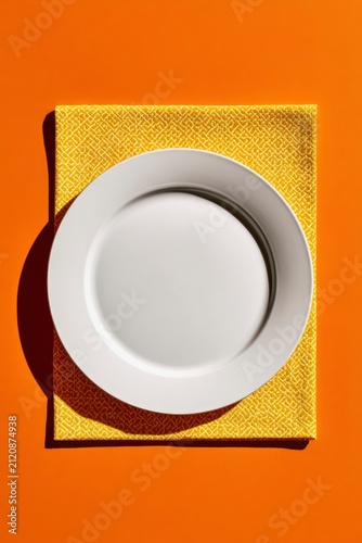 White ceramic plate resting on yellow napkin over orange background in minimalist flat lay with hard shadows for food blog and culinary branding