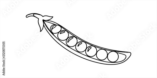 Foto A simple black and white line art drawing of a fresh green pea pod open to revea