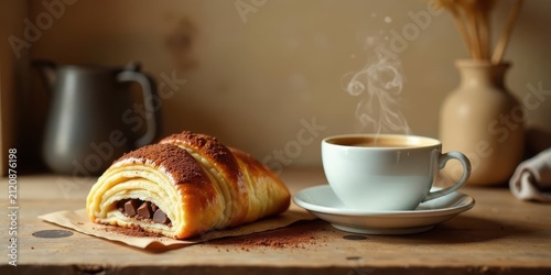 A delectable chocolate croissant dusted with cocoa powder sits beside a steaming cup of coffee on a rustic wooden table, creating a cozy and inviting morning scene.
