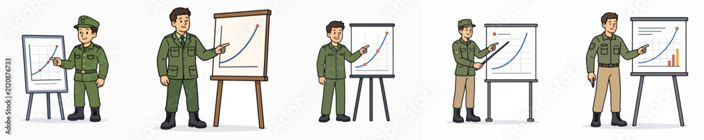 Obraz premium Set of male soldier vectors giving a presentation, arranged in a curve.