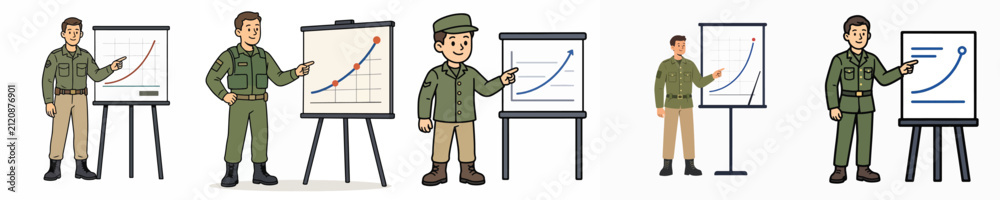 Obraz premium Set of male soldier vectors giving a presentation, arranged in a curve.