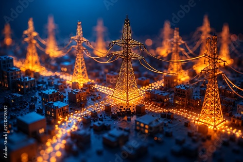 Electric transmission towers glowing with golden light connect a miniature city grid under a dark blue sky.