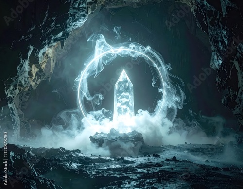 Glowing quartz crystal inside dark misty stone cave.