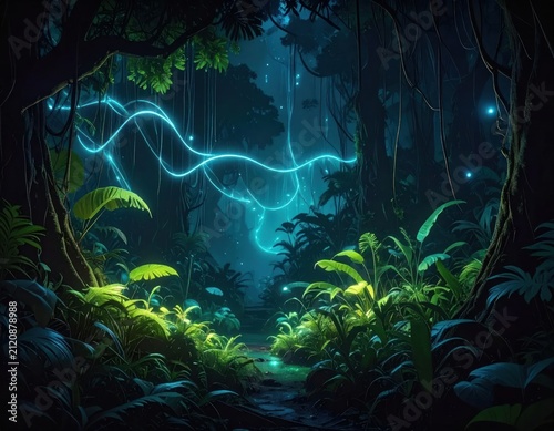 Glowing bioluminescent forest with magical blue light trails.