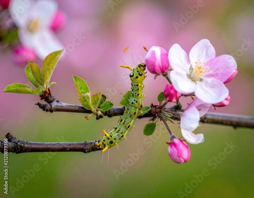 Green caterpillar on a blooming spring flower branch.
