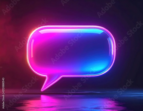 Glowing neon speech bubble icon on dark background.