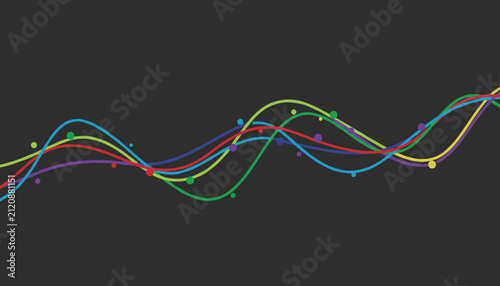Multi-colored waves with scattered dots representing soundwaves or digital signals on a dark gray background.