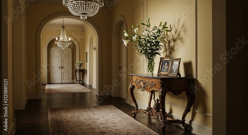 Elegant Hallway: A grand hallway in a classical mansion, featuring a long corridor, ornate chandeliers, framed photographs, and a bouquet of fresh flowers on a vintage console table, bathed in soft.