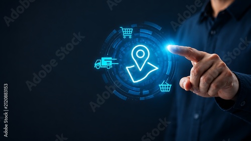 Person touching digital interface featuring logistics and delivery location map pin icon for supply chain tracking.