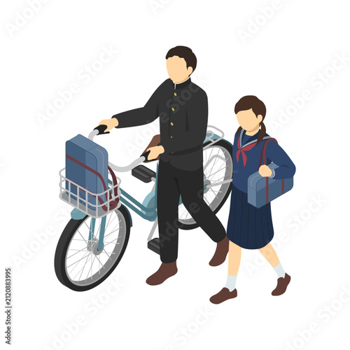 アイソメトリックイラスト：歩く中学生カップル(冬服)