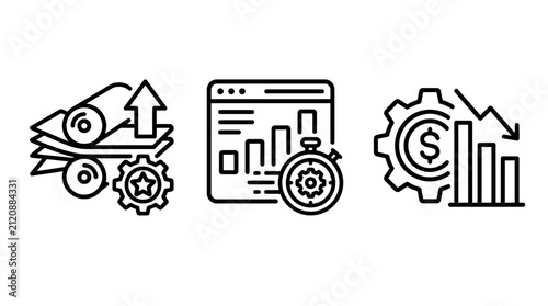 Business industrial process icons for lamination workflow analytics and financial engine efficiency with lamination workflow analytics financial efficiency industrial business manufacturing