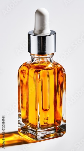 Amber serum bottle standing with hard shadows in a bright minimalist studio macro shot for luxury skincare and apothecary branding