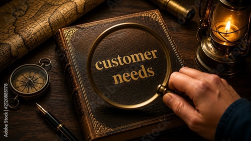 Close up hand holding magnifying glass over book titled customer needs, exploring client desires.