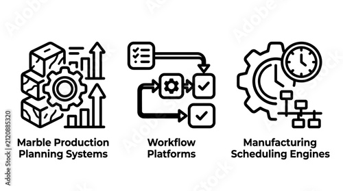 Marble production planning and manufacturing scheduling icons with production planning manufacturing scheduling industry workflow management business logistics optimization efficiency