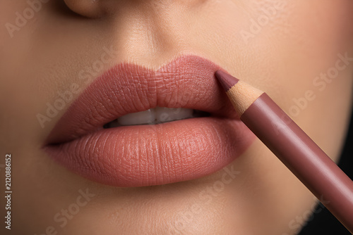 Nude Lip Liner. Natural Lips in Beauty Makeup Close-Up