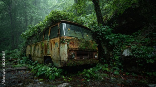 Old van covered in plants sits in dense forest during a foggy day