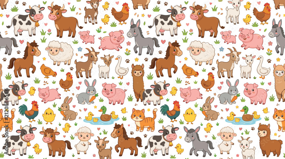 Fototapeta premium Cute farm animal seamless pattern vector featuring cows, horses, pigs, sheep, goats, chickens, ducks, rabbits, donkeys, and playful countryside characters
