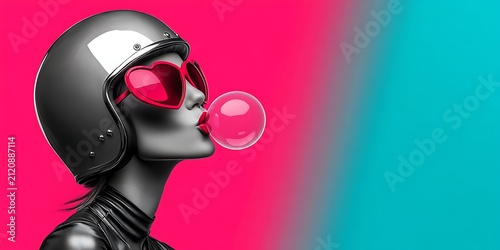 Pop art illustration of a glamorous woman in a retro helmet and heart shaped sunglasses blowing a bubble gum bubble