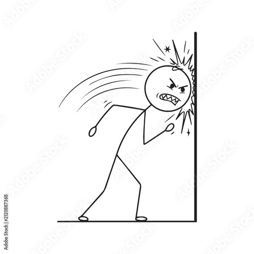 Stick figure cartoon illustration of a frustrated person banging their head against a wall, representing stress, anger, and despair

