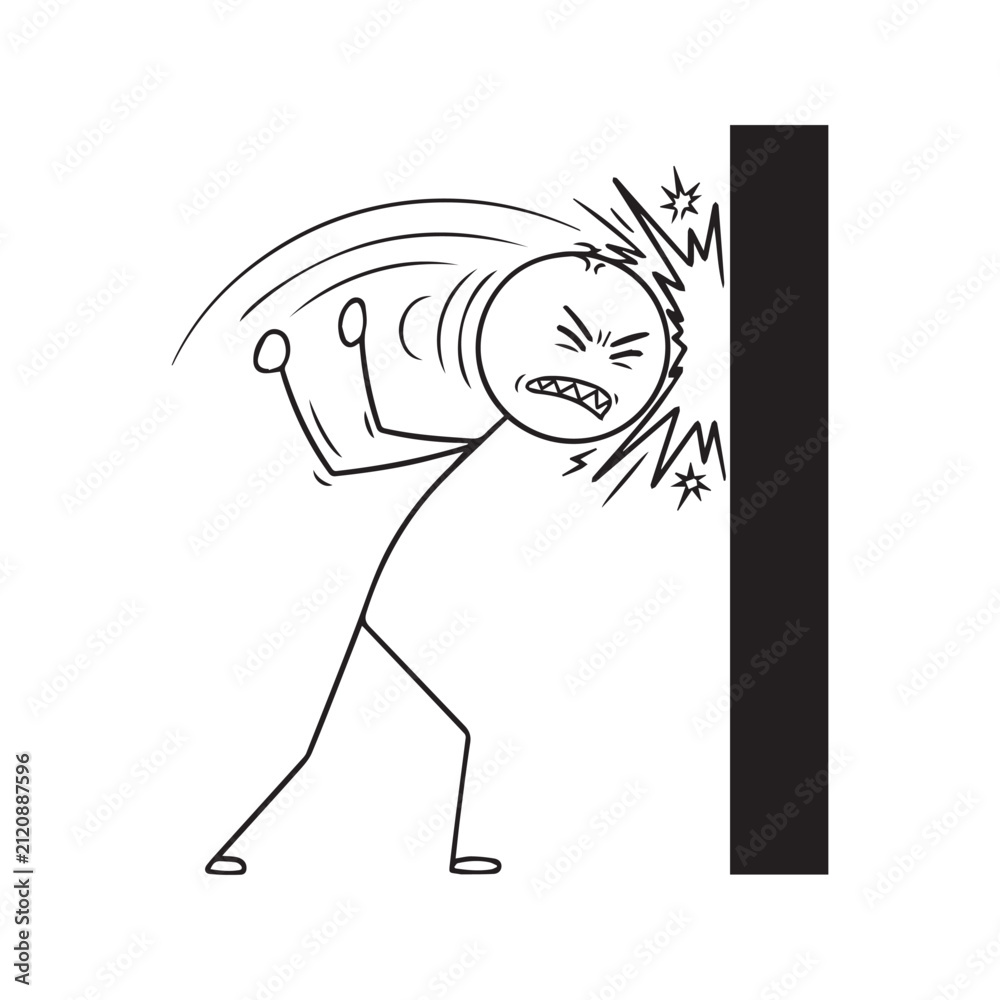 Fototapeta premium Stick figure cartoon illustration of a frustrated person banging their head against a wall, representing stress, anger, and despair 