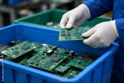 A worker's gloved hands holding a green circuit board over a bin of more boards.