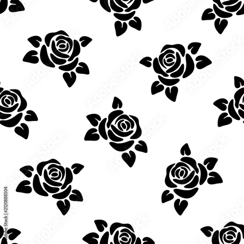 Floral pattern with roses. Vector seamless black and white floral print with rose flowers 