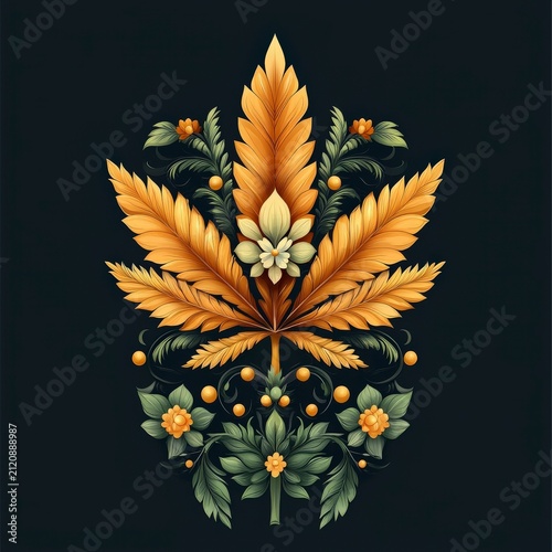 Elegant botanical illustration featuring intricate foliage and floral elements on a deep black background