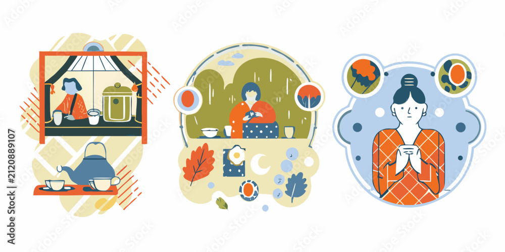 Fototapeta premium Tea Ceremony Scenes Modern Flat Illustration With Geometric Shapes