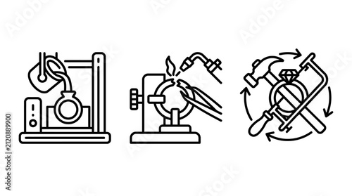 Jewelry casting soldering and hand tool icons with soldering manufacturing crafting goldsmith production industrial metalwork workshop restoration technique precision equipment assembly