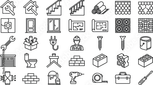 Home renovation house repair construction line icons set building architectural blueprint tools materials vector illustration