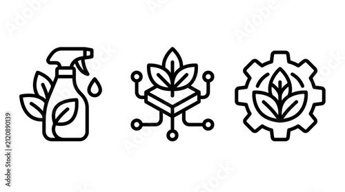 Set of eco-friendly sustainable cleaning and green technology line icons with friendly sustainable cleaning technology environment innovation chemicals products industry optimization