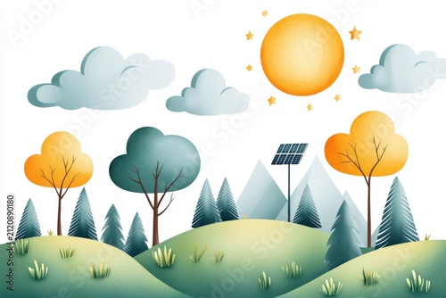Bright and Colorful Illustration of Landscape with Sun, Trees, Clouds, and Solar Panels against Mountains