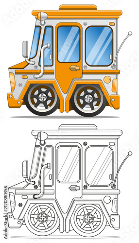 Funny short yellow bus. Side view. Coloring. Isolated on white background. Vector illustration. 