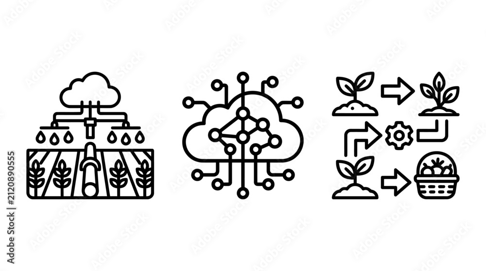 Fototapeta premium Smart farming and digital agriculture outline icon set with agriculture technology automation irrigation optimization industry development efficiency software production internet solution