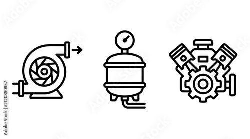 Industrial hydraulic pump and mechanical system icons with hydraulic mechanical pressure industrial machinery technology engineering equipment hardware measurement technical production