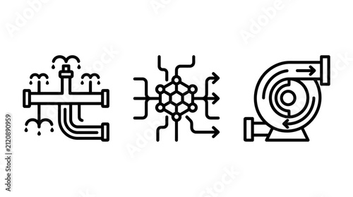 Automated irrigation and fluid distribution network icons with irrigation distribution sprinkler mechanical delivery infrastructure industrial technology engineering technical efficiency