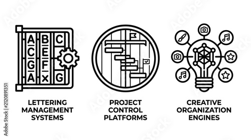 Business process management and creative organization icons set with management workflow creative organization planning business lettering platform strategy development efficiency timeline