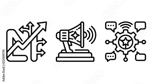 Set of marketing communication and strategic planning icons with marketing communication strategy planning megaphone advertising analysis business promotion connection development customer