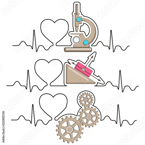 Love of physics. A set of physics equipment against the background of a heart and pulse. Isolated on white background. Vector illustration.