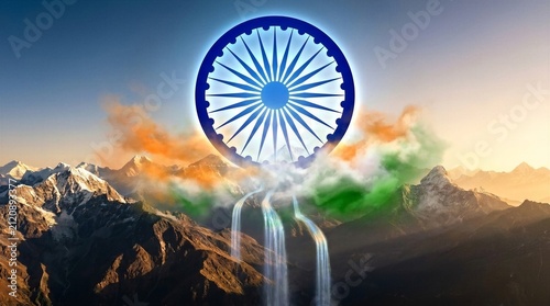 Majestic flag symbol Rising Above the Snowy Himalayan Peaks with Tricolor Clouds and Golden Sunlight, Symbolizing India's Pride and Heritage